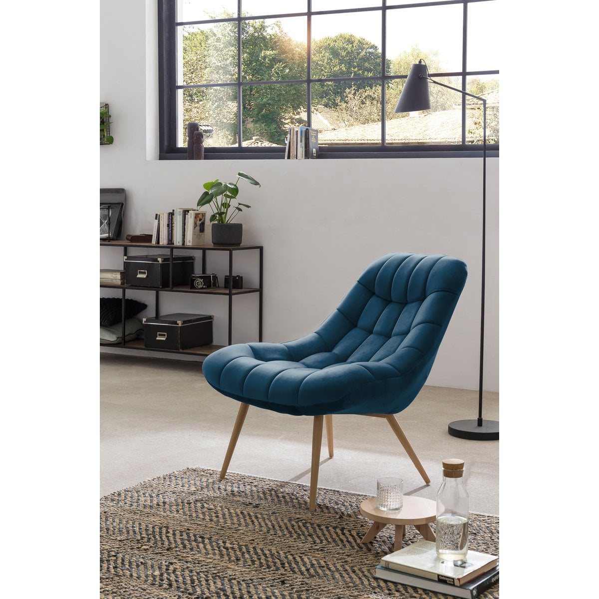 XXL velvet armchair blue metal wood look