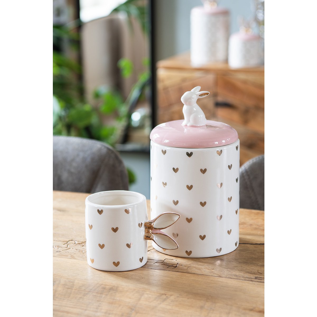 Voorraadpot Konijn Ø 13x30 cm Roze Wit Keramiek Hartjes Voorraadpot Deksel