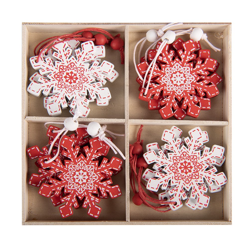 Kersthanger sneeuwvlok 13x13 cm rood hout set van 12