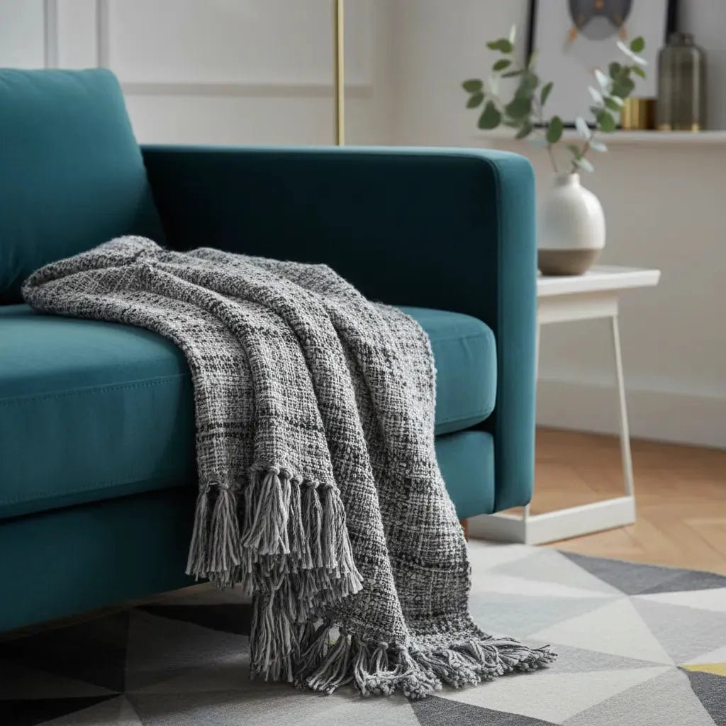 Plaid 130x170 cm grijs geweven met franjes