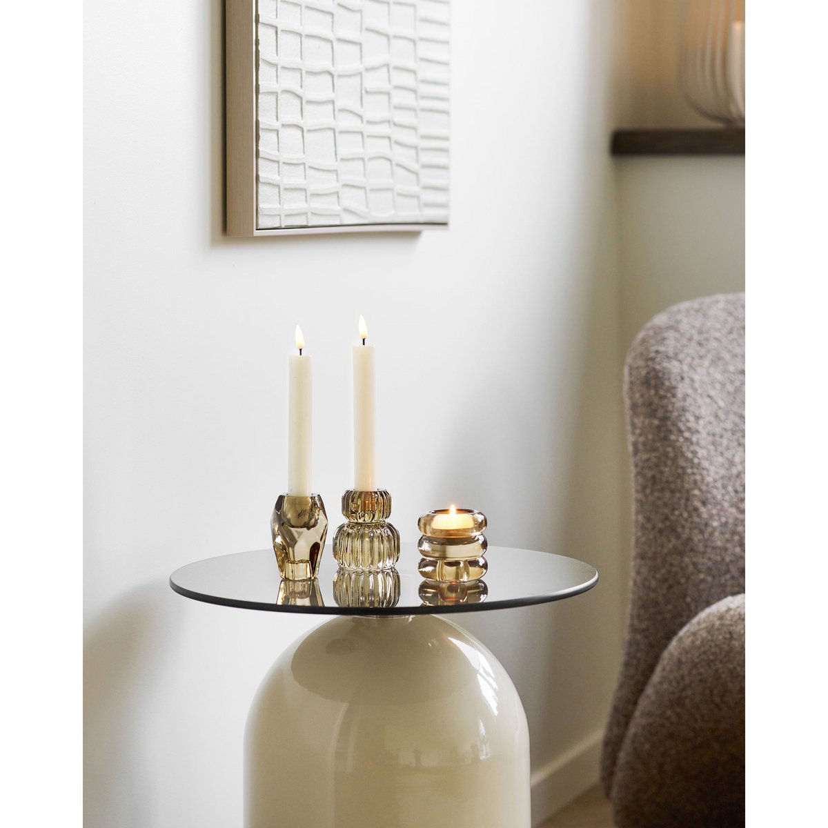 Ravello Bijzettafel, gehard glas/metaal, grijs/beige, ø40x52 cm