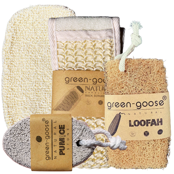 Verzorgingspakket met ramie handschoen sisal schrobber loofah puimsteen