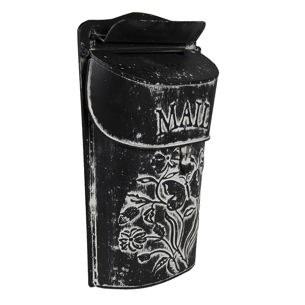 Brievenbus 22x7x33 cm metaal zwart wit bloemen