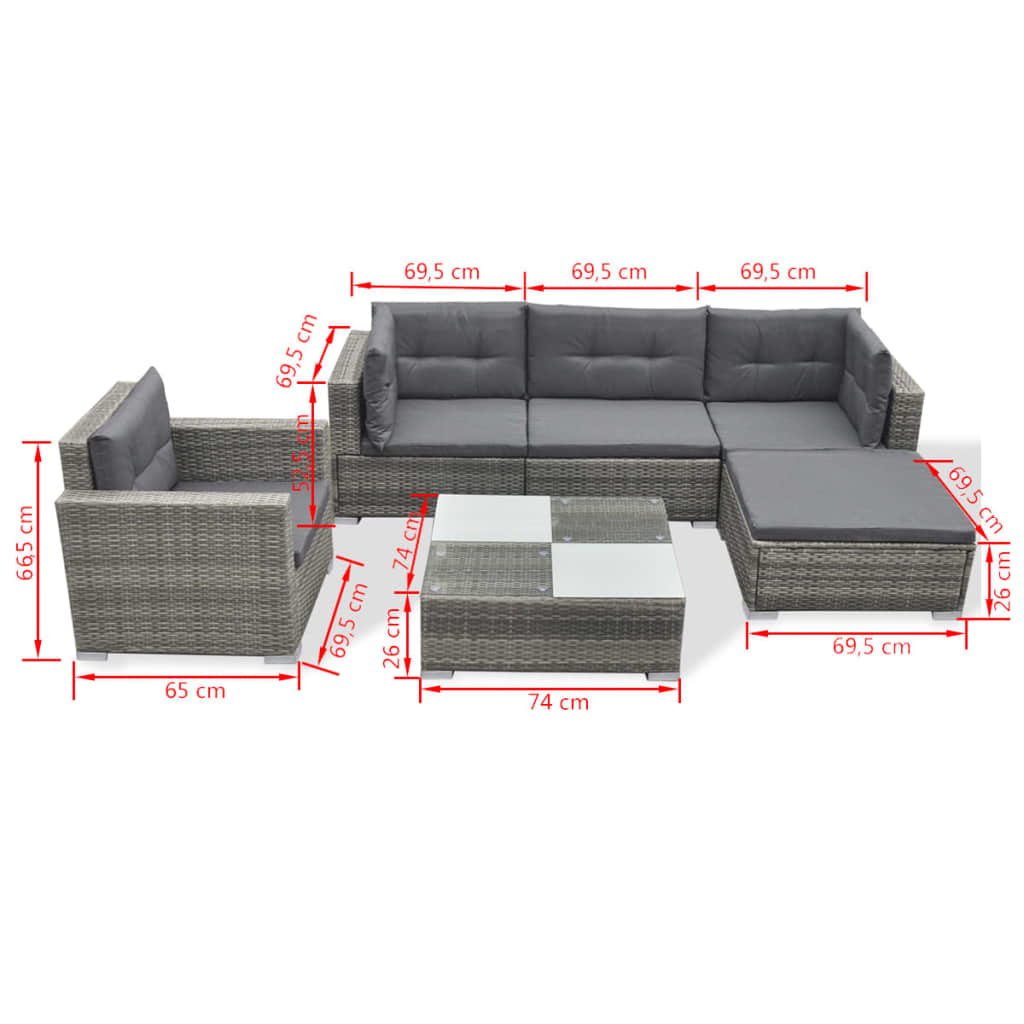 6-delige Loungeset met kussens poly rattan grijs