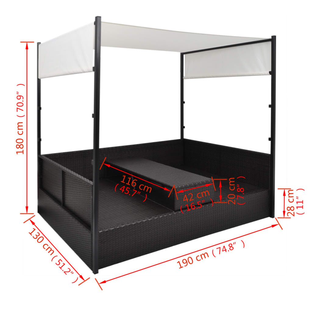 Tuinbed Met Luifel 190X130 Cm Poly Rattan Zwart