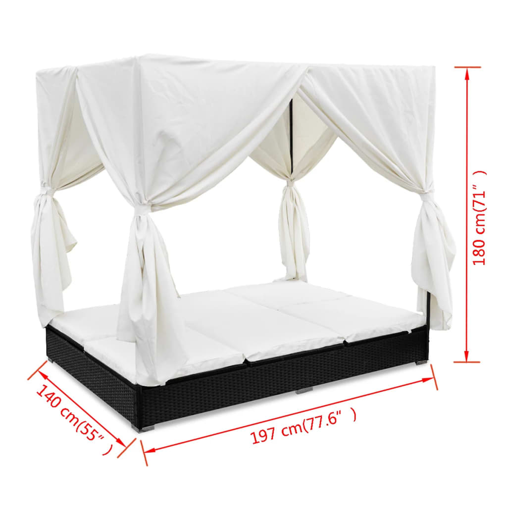 Loungebed Met Gordijnen Poly Rattan Zwart