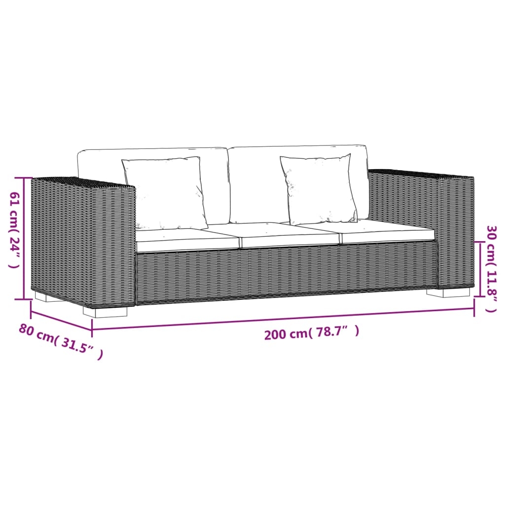 3-Zits Bankstel Set Rattan 8-Delig Bruin Driezitsbank