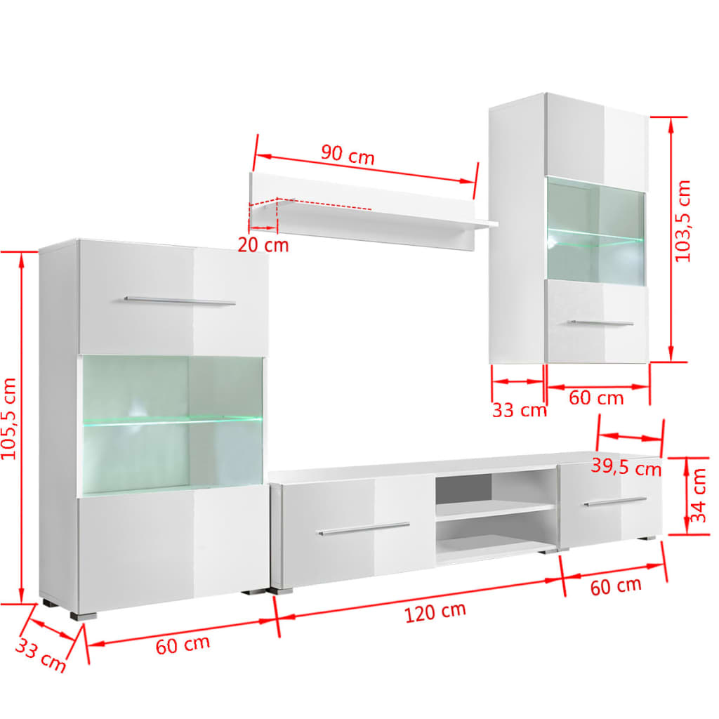 Muurvitrine Tv-Meubel Met Led-Verlichting 5-Delig Wit