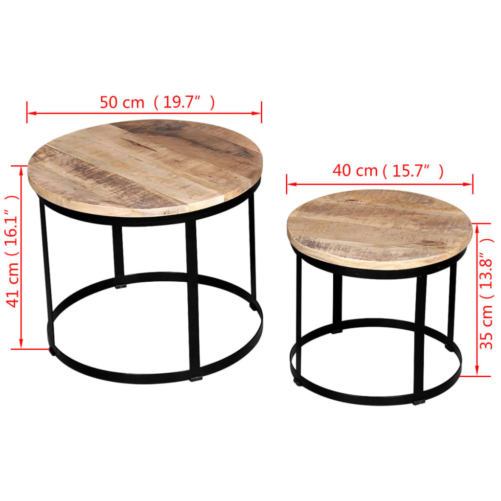 2-Delige Salontafelset Rond 40/50 Cm Ruw Mangohout Bruin