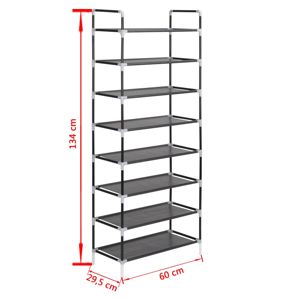 Schoenenrek met 8 schappen metaal en ongeweven stof zwart 60 x 28 x 140 cm Zwart