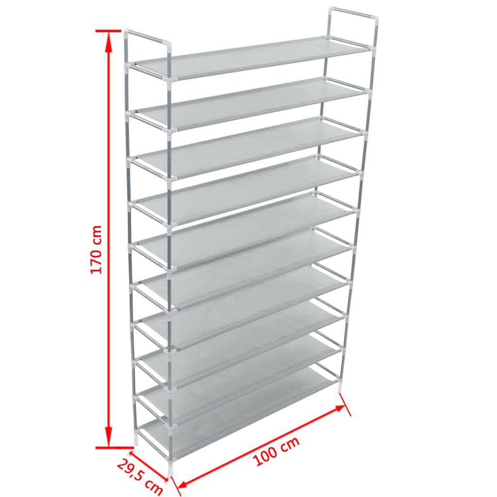 Schoenenrek met 10 schappen metaal en nonwoven stof zilverkleur 100 x 29.5 x 170 cm Zilver