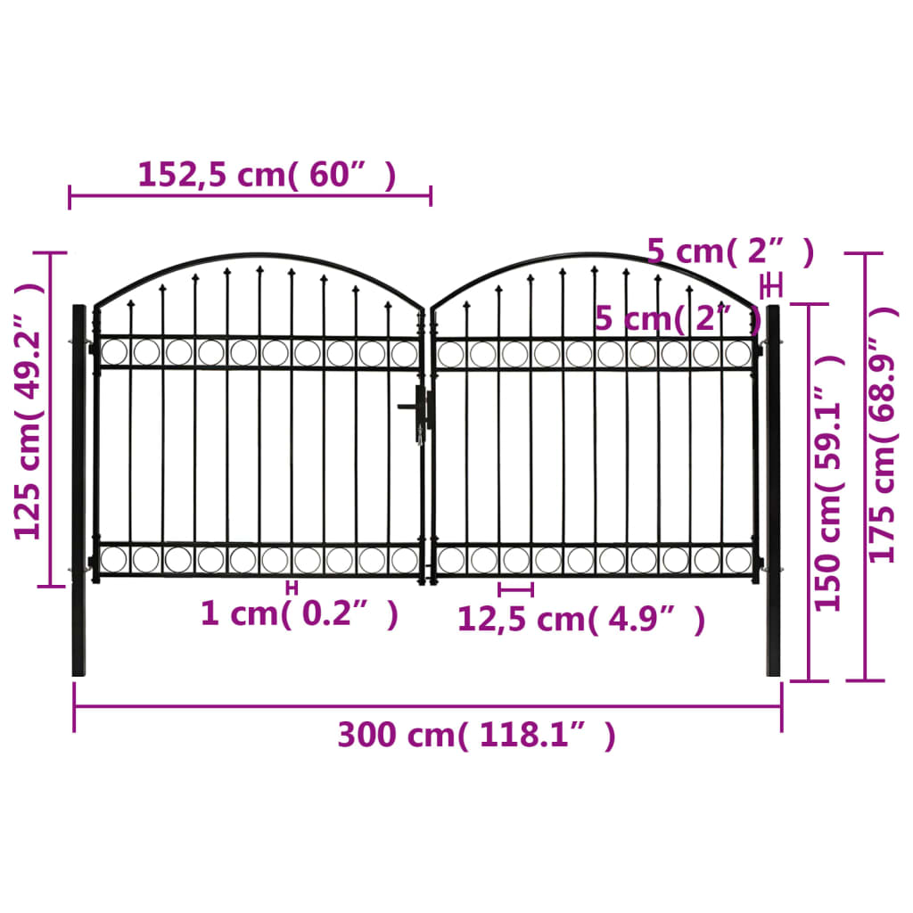 Poort Met Gebogen Bovenkant Dubbel Staal Zwart 300 x 125 cm