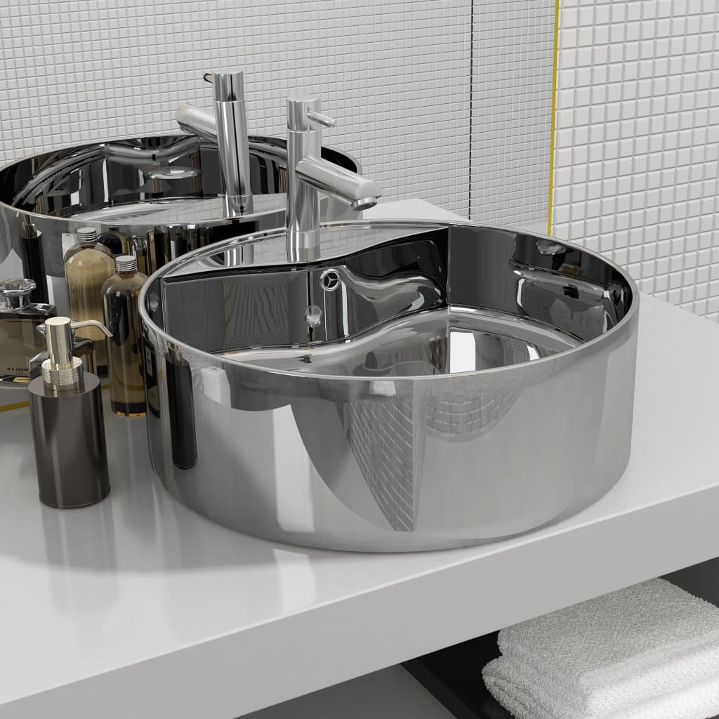 Wasbak Met Overloop, Keramiek, Rond, Wit