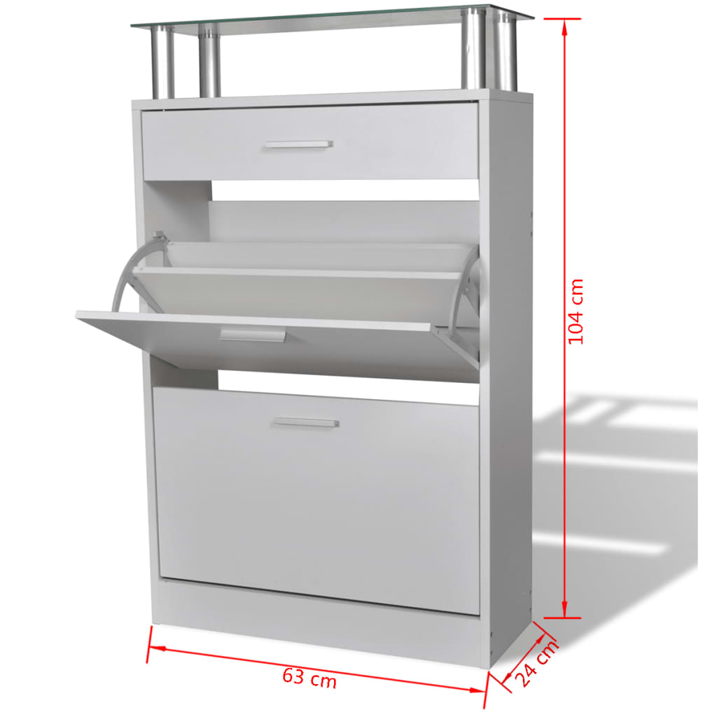 Schoenenkast met lade en glazen schap wit hout Wit