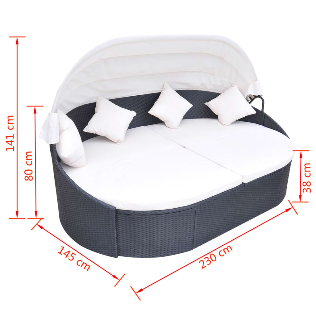Loungebed Met Luifel Poly Rattan Zwart