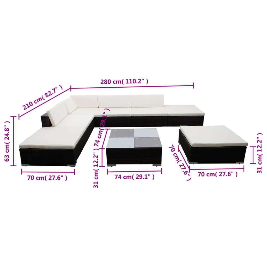 8-delige Loungeset met kussens poly rattan bruin