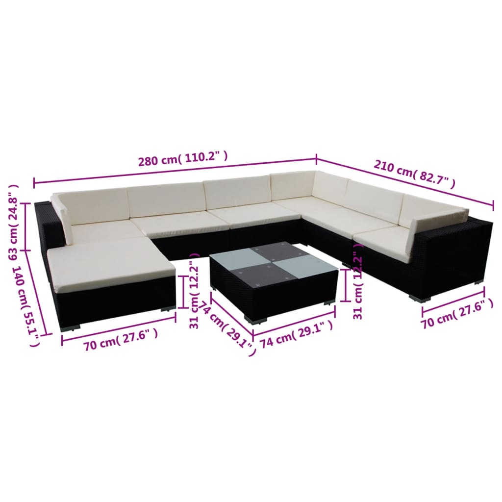 8-delige Loungeset met kussens poly rattan zwart