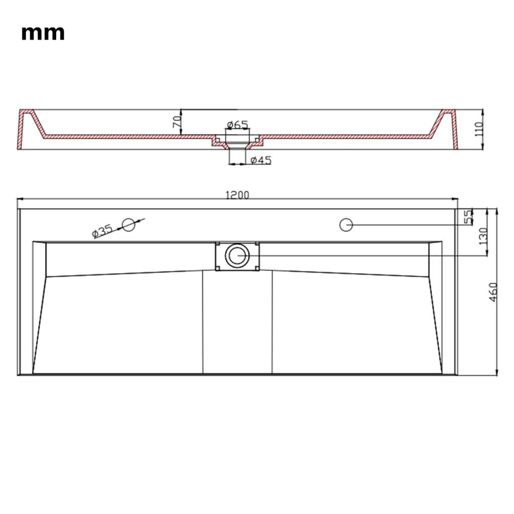 Wastafel 120x46x11 cm mineraal gegoten/marmer gegoten wit 120 x 46 x 11 cm (2 gaten)