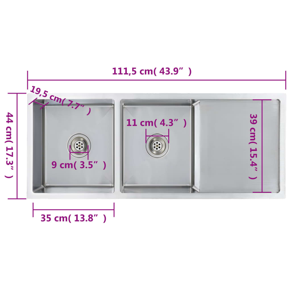 Gootsteen Handgemaakt Roestvrij Staal 111.5 x 44 x 20 cm (twee gootstenen en wasbord) Zilver