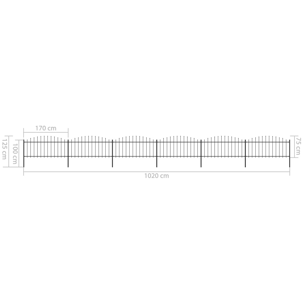 Tuinhek met speren bovenkant (0,5-0,75)x10,2 m staal zwart 50-75 cm 10.2 m
