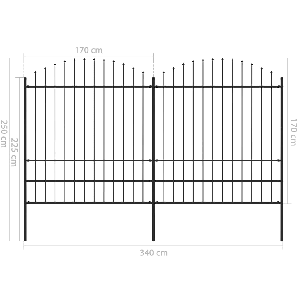 Tuinhek met speren bovenkant (1,75-2)x3,4 m staal zwart 175-200 cm 3.4 m