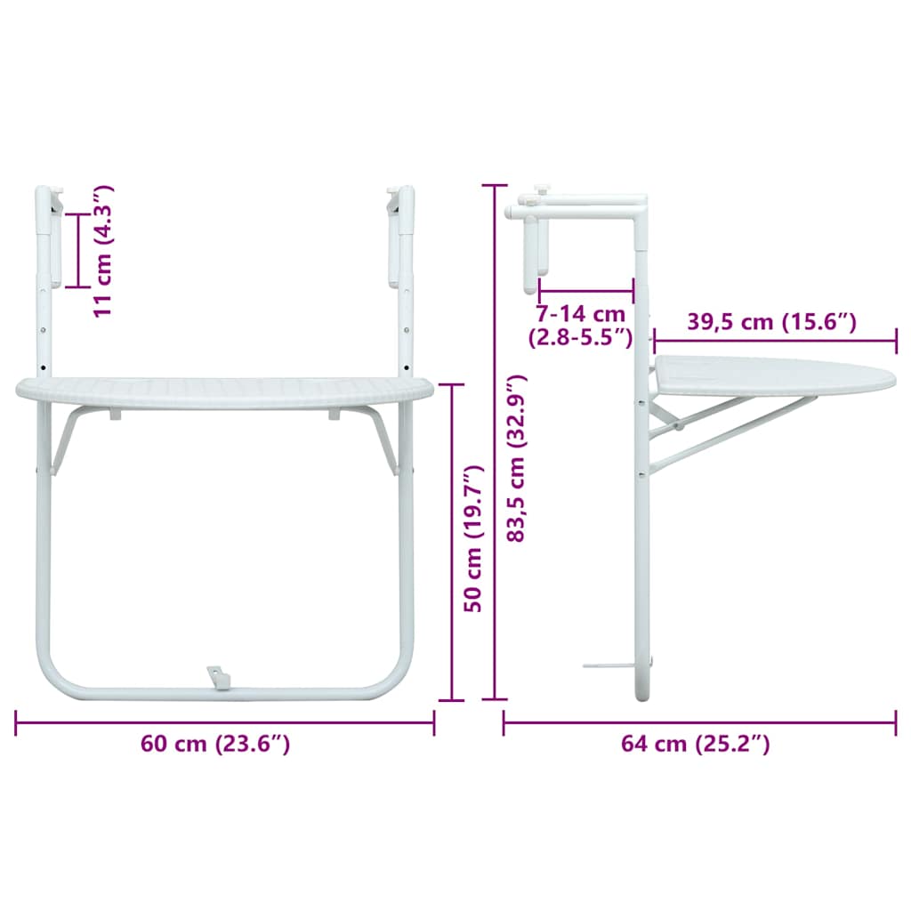 Balkontafel hangend 60x64x83,5 cm rattan-look kunststof wit