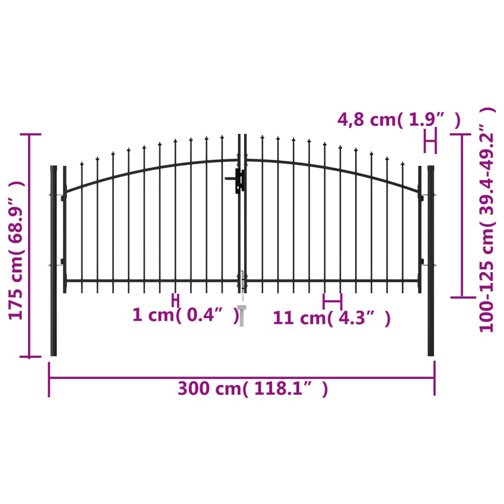 Poort Met Puntige Bovenkant Dubbel 3X1,25 M Staal Zwart 3 x 1.25 m
