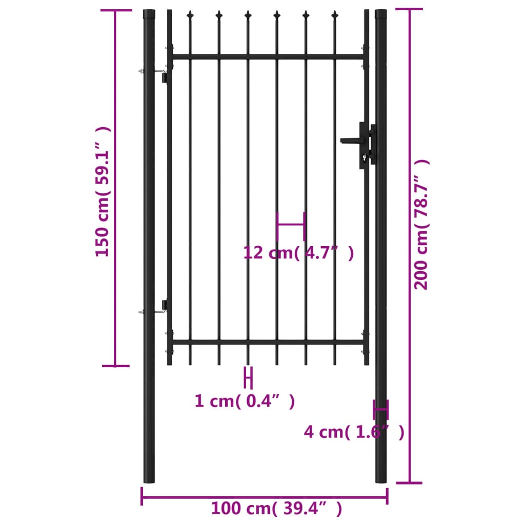 Poort met puntige bovenkant enkel 1x1,5 m staal zwart 1 x 1.5 m Puntige bovenkant