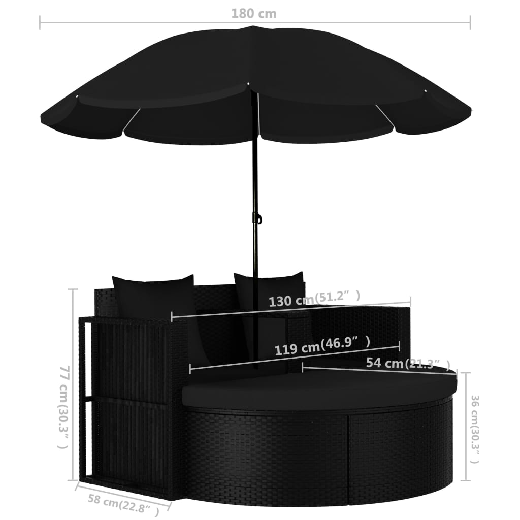 Tuinbed met parasol poly rattan zwart