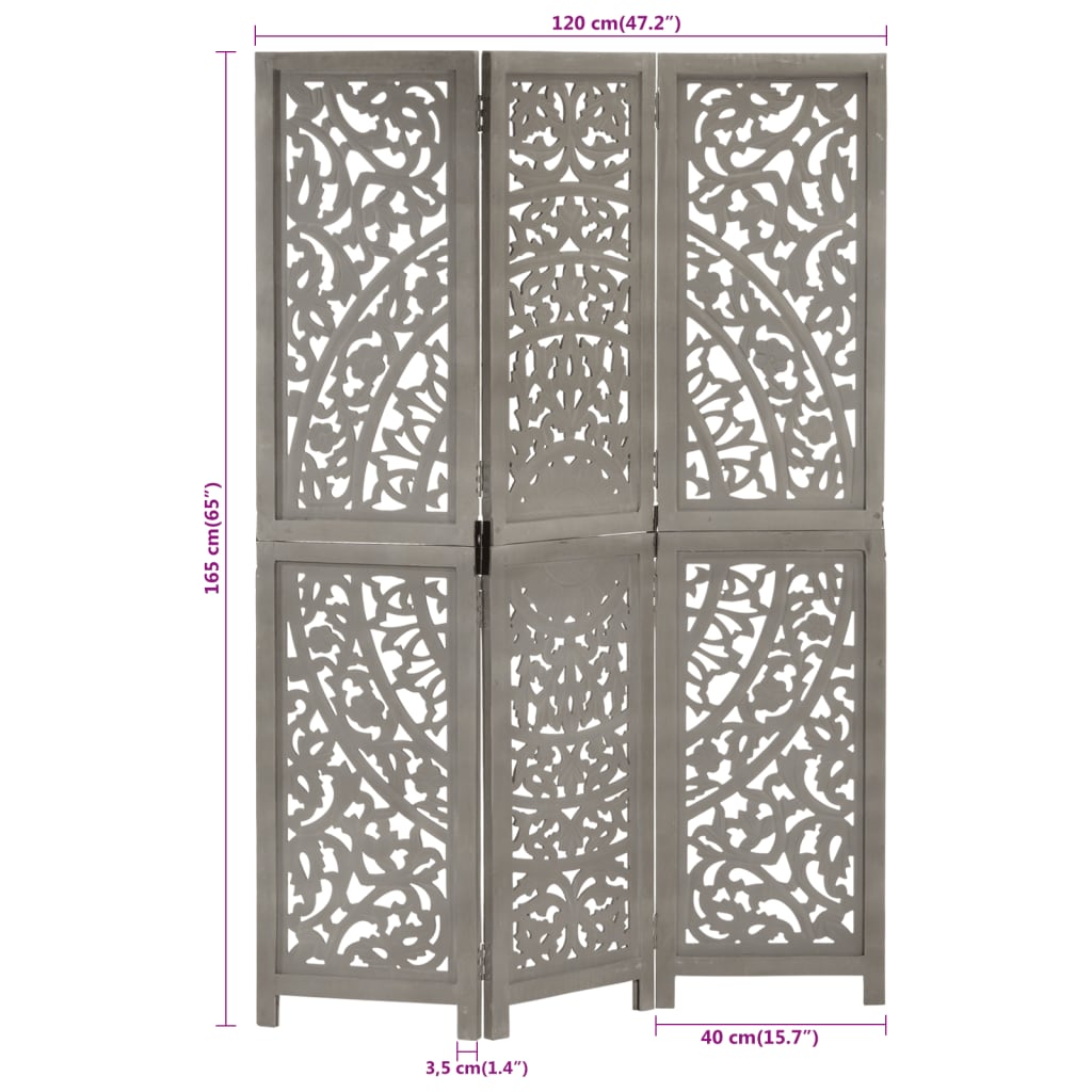 Kamerscherm 3 panelen handgesneden 120x165 cm mangohout grijs Grijs