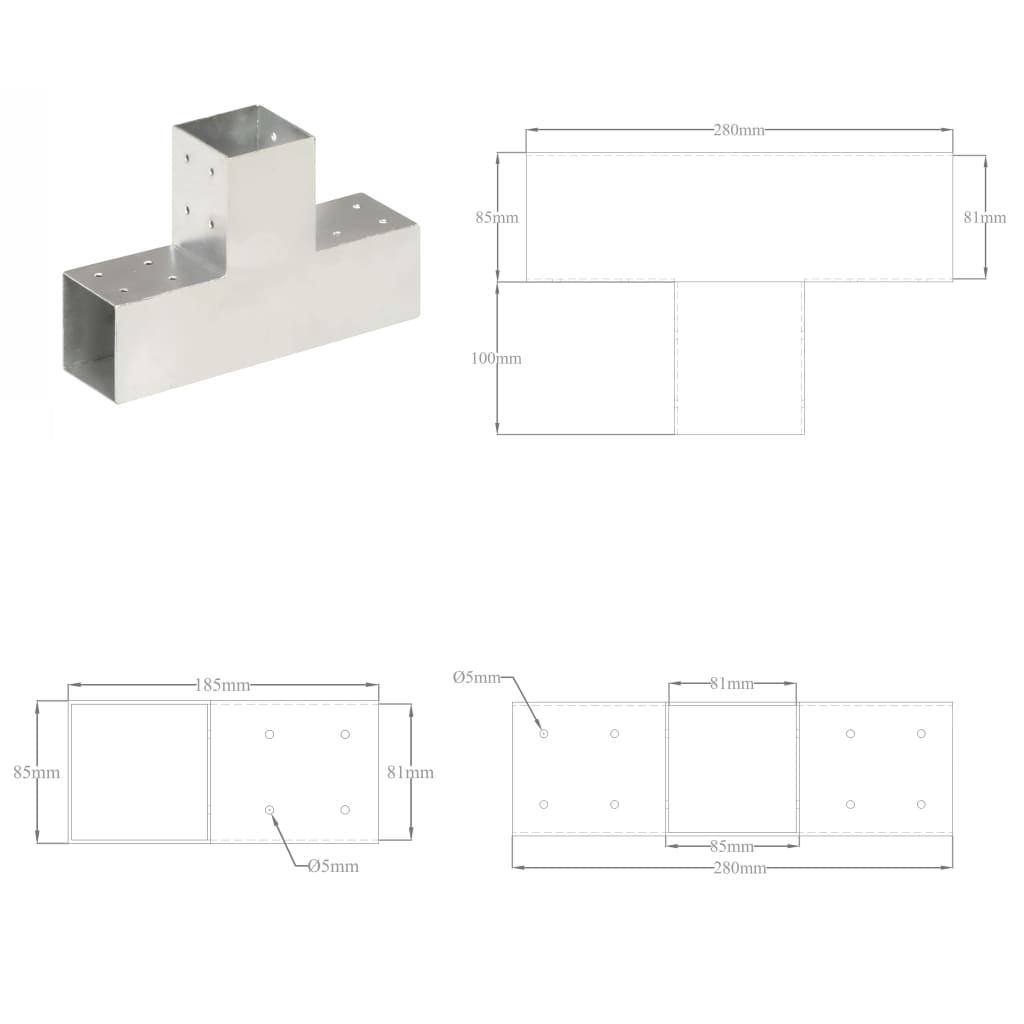 Paalverbindingen 4 st T-vorm 81x81 mm gegalvaniseerd metaal 81 x 81 mm T-vorm
