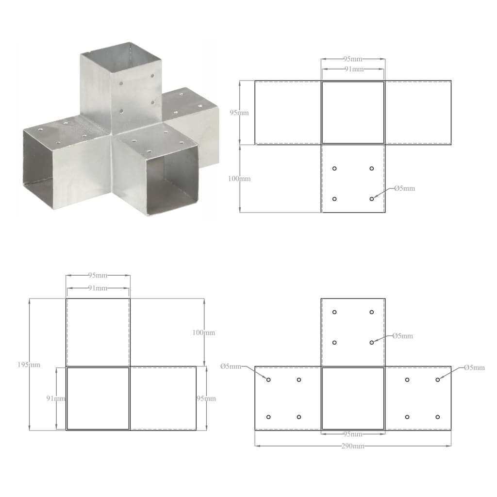 Paalverbindingen 4 st X-vorm 91x91 mm gegalvaniseerd metaal 91 x 91 mm X-vorm