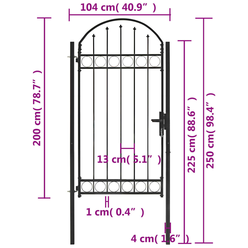 Poort met gebogen bovenkant 100x250 cm staal zwart 100 x 250 cm
