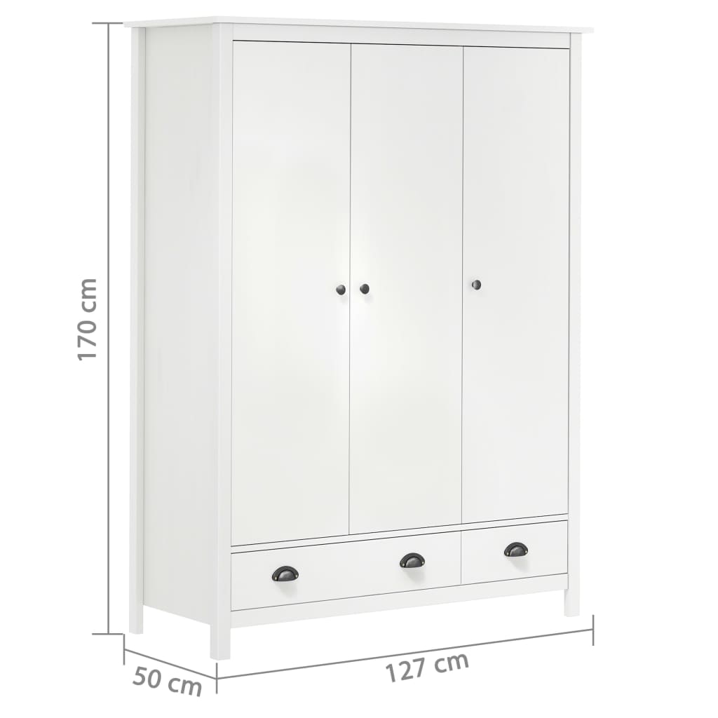 Kledingkast Hill 3 deuren 127x50x170 cm massief grenenhout wit