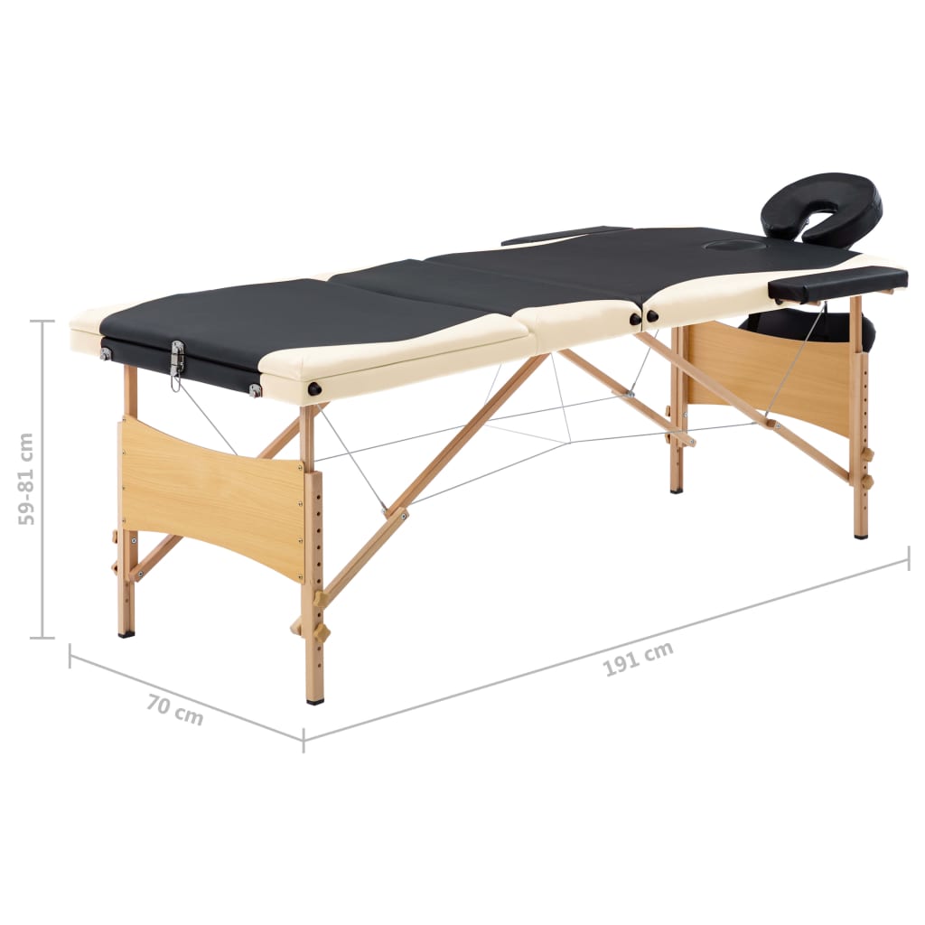 Massagetafel Inklapbaar 3 Zones Hout Zwart en beige