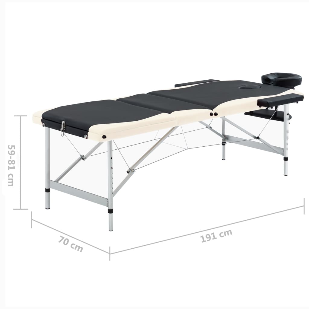 Massagetafel Inklapbaar 3 Zones Aluminium Zwart en beige