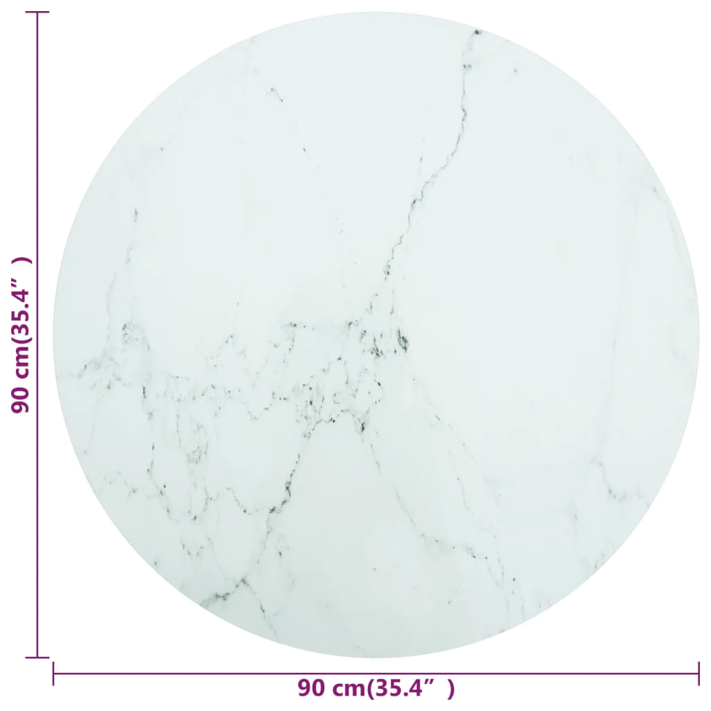 Tafelblad Ø90X1 Cm Gehard Glas Met Marmeren Design Wit Ø 90 cm