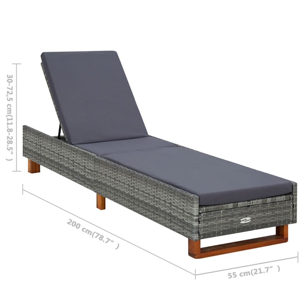 Ligbed met kussen poly rattan grijs