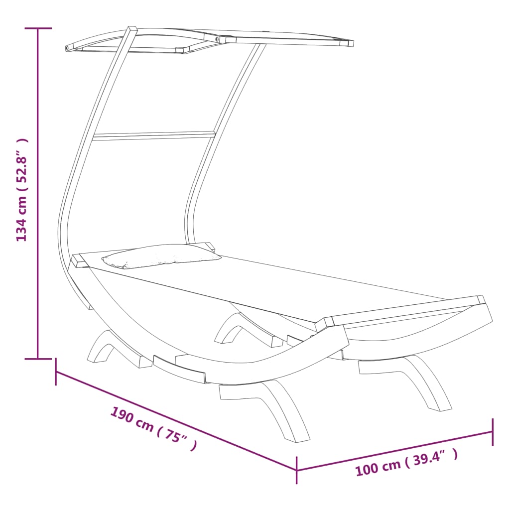 Loungebed Met Luifel Massief Gebogen Hout 100 x 190 x 134 cm Crème
