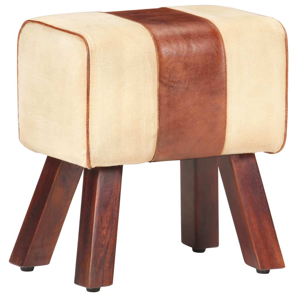Bankje Turnbok 38 Cm Echt Leer En Massief Mangohout Bruin Bruin en wit