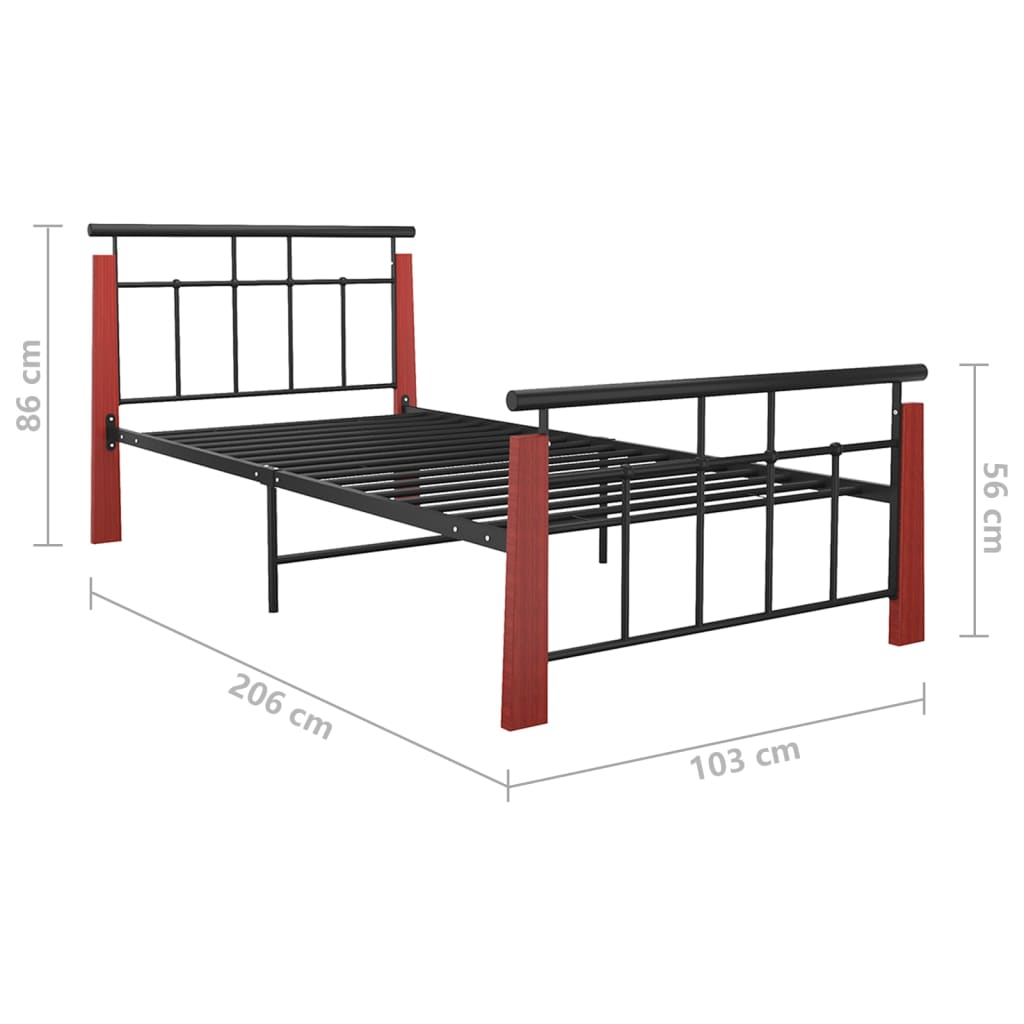 Bedframe Metaal En Massief Eikenhout 90 x 200 cm Donkerbruin