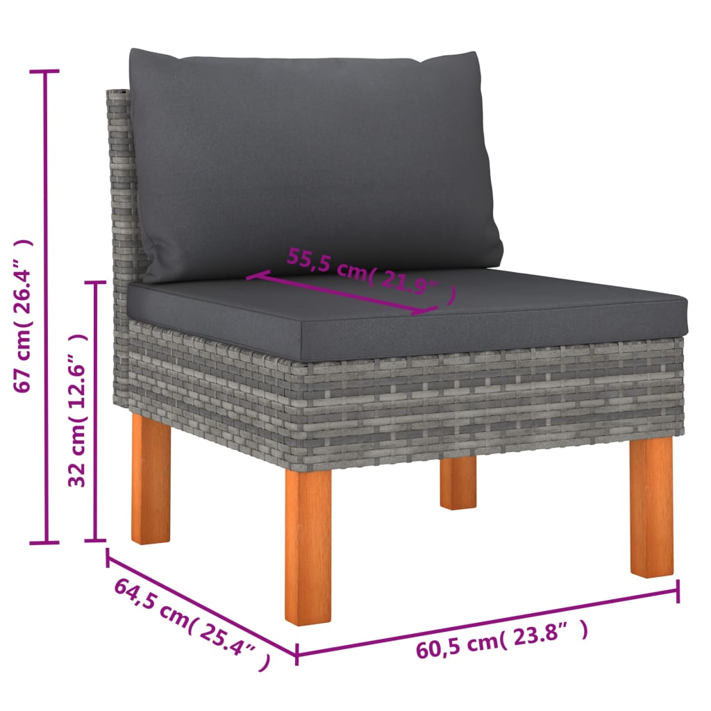 -Delige Loungeset Met Kussens Poly Rattan Grijs 6 2x hoek + 2x midden + 2x voetensteun