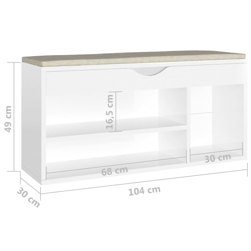 Schoenenbank met kussen 104x30x49 cm spaanplaat hoogglans wit Hoogglans wit