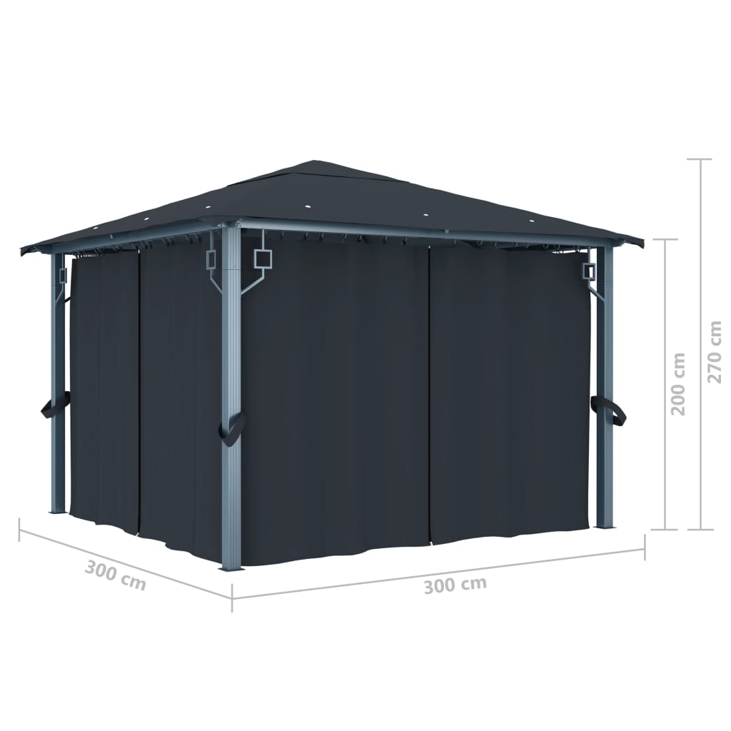 Prieel Met Gordijn Led-Lichtslinger 3X3 M Aluminium 300 x 300 cm Antraciet