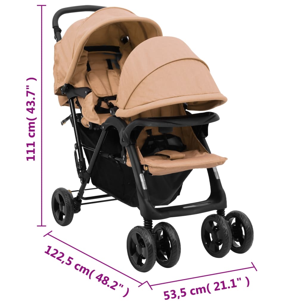 Tweelingkinderwagen tandem staal taupe Taupe