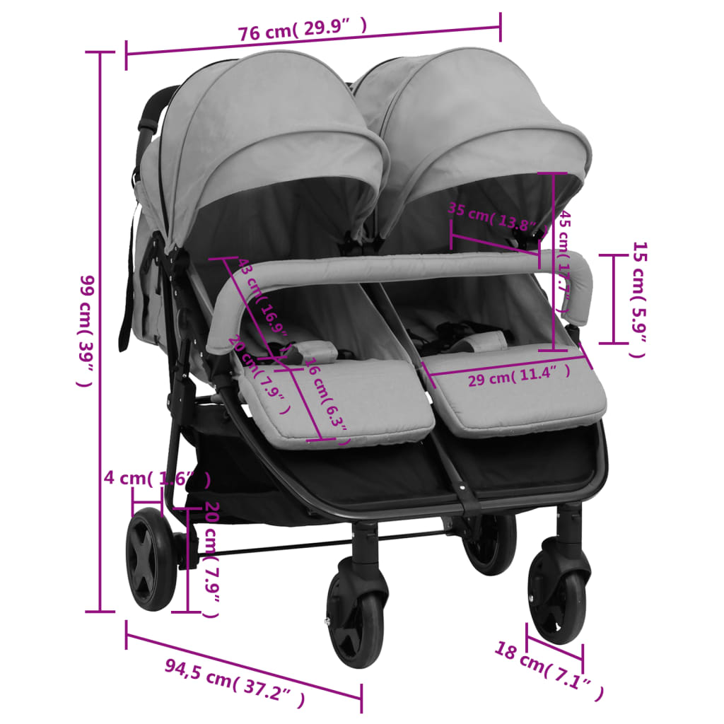 Tweelingbuggy Staal En Zwart Lichtgrijs