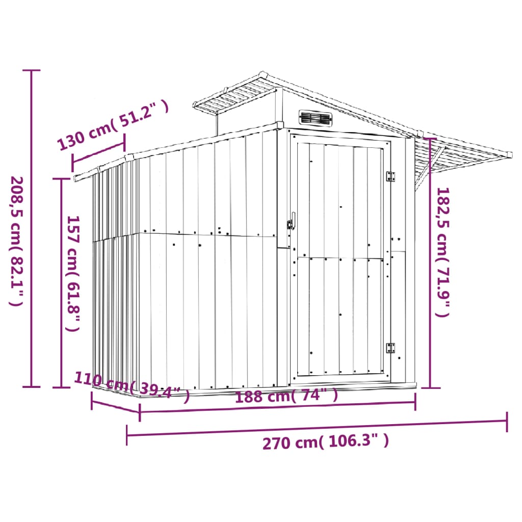 Tuinschuur 270X130X208,5 Cm Gegalvaniseerd Staal Bruin
