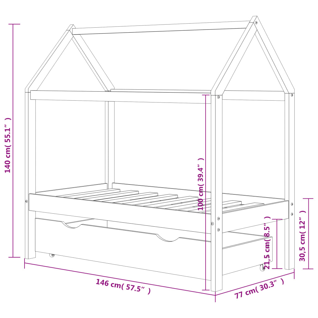 Kinderbedframe Met Lade Grenenhout 70 x 140 cm Donkergrijs 1 lade