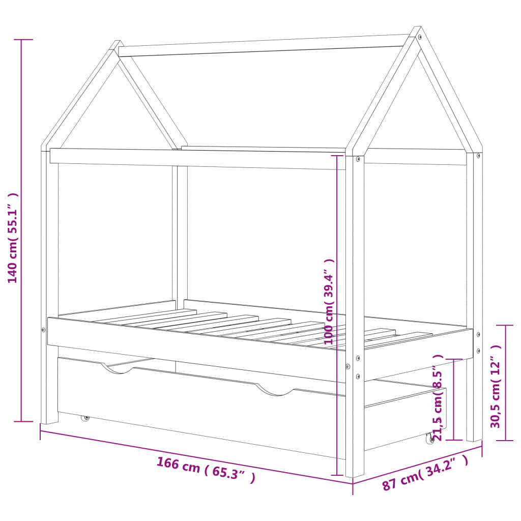 Kinderbedframe Met Lade Grenenhout 80 x 160 cm Donkergrijs 1 lade