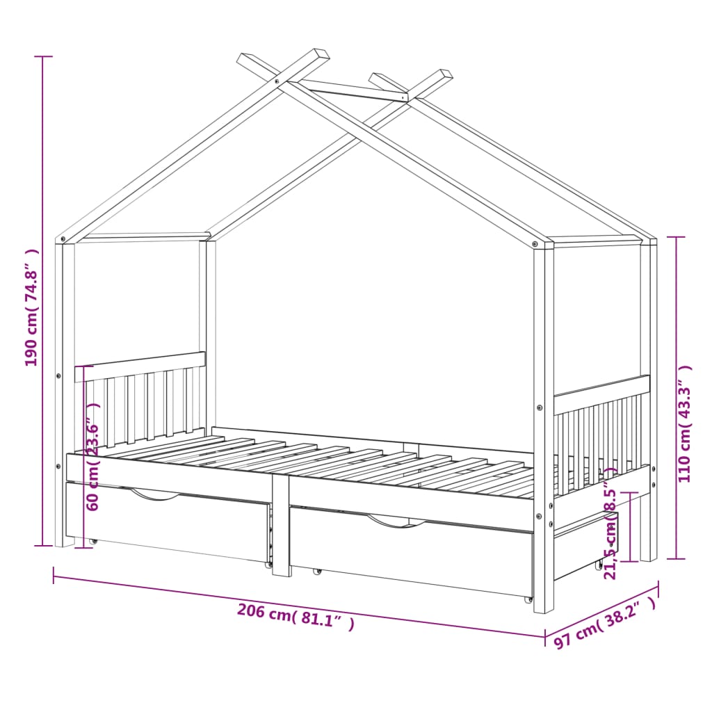 Kinderbedframe Met Lades Grenenhout 90 x 200 cm Donkergrijs 2 lades